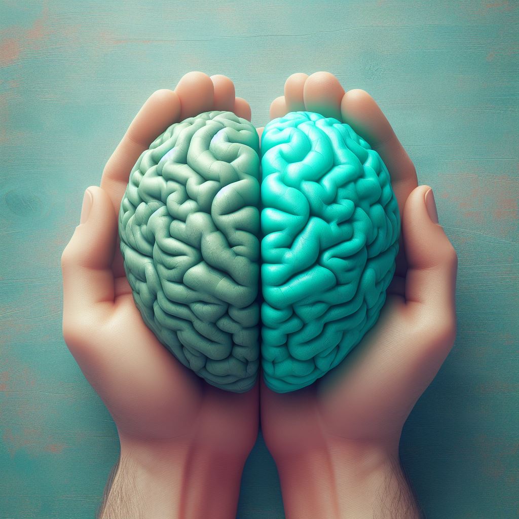 Cervello a forma di cuore tra due mani